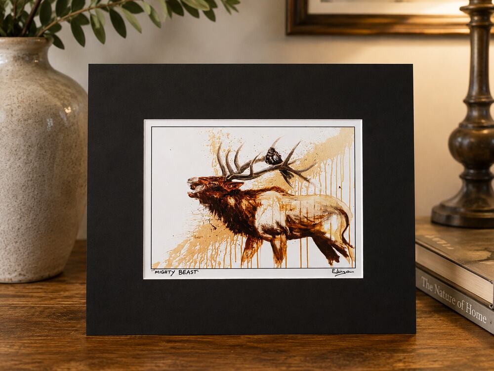 Andrew Ellingson print "MIGHTY BEAST" bugling bull elk with a raven on  antlers